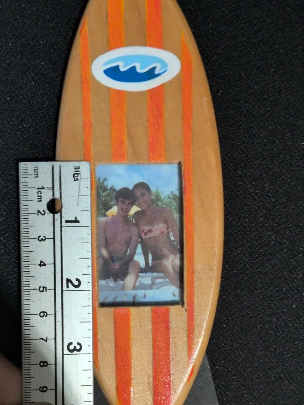 Wooden Surfboard Photo Frame - Orange Striped